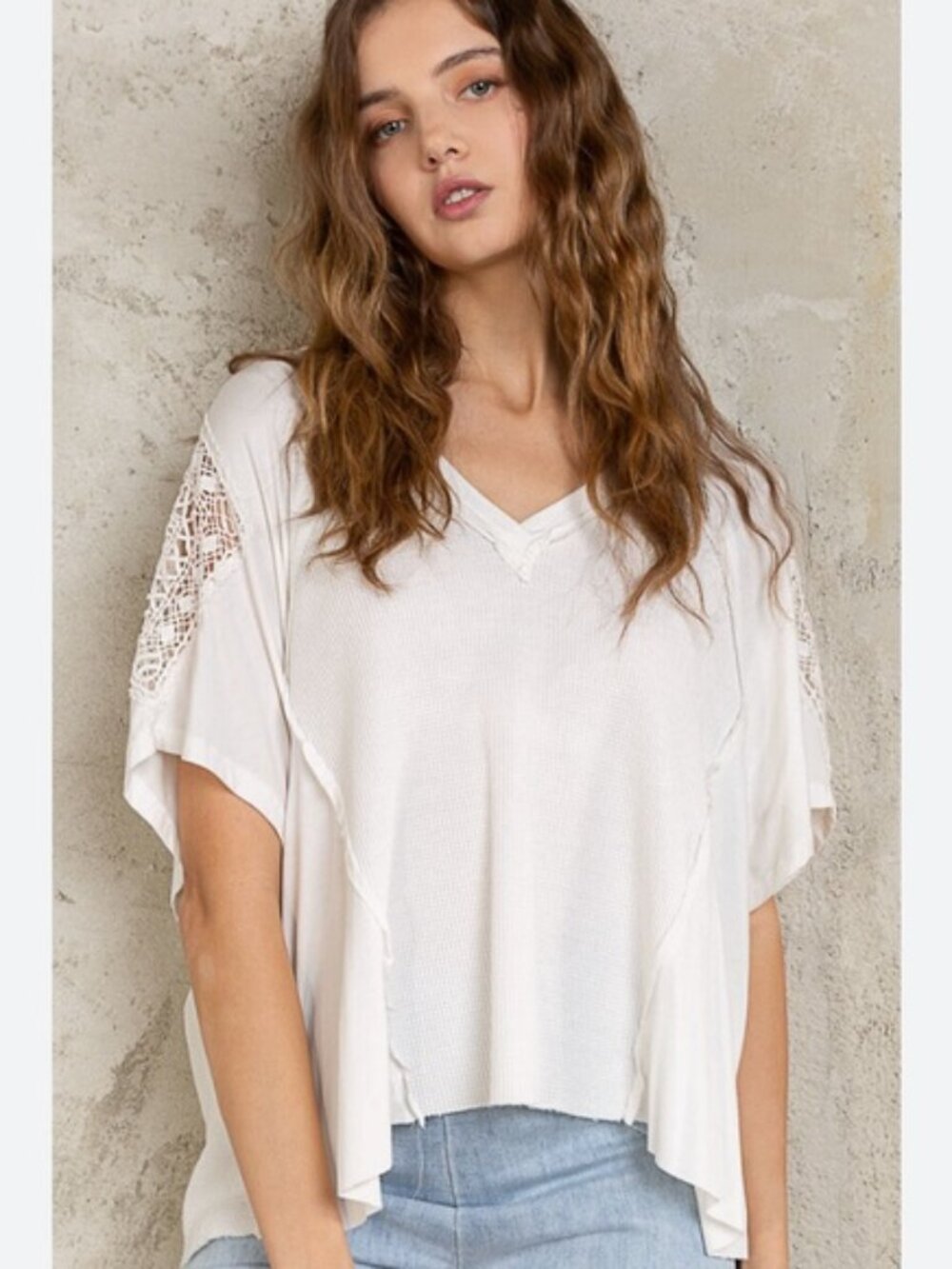POL White Thermal Tee Shirt Boho Oversize Slouchy Relaxed Crochet Sleeves Boxy
